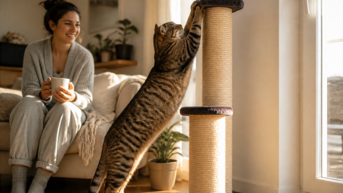Large tabby cat stretching upward on a tall durable scratching post, front paws reaching the top while hind legs remain on the ground, demonstrating full-body extension in a bright home setting