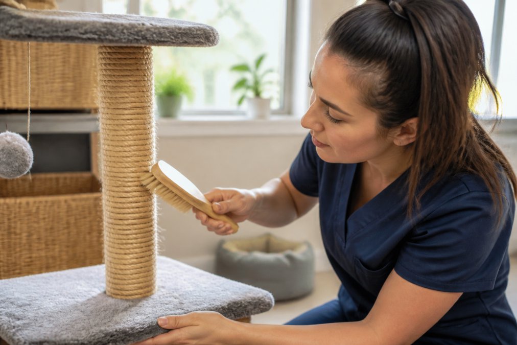 Close-up of hands gently brushing loose sisal fibers from a scratching post surface with a soft-bristled brush, demonstrating routine maintenance in natural daylight