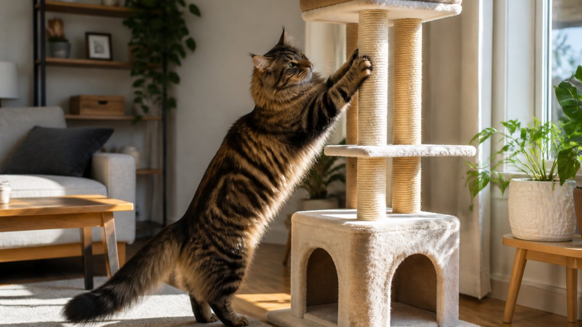 Large Maine Coon cat scratching a tall, sturdy sisal-wrapped tower in a sunny living room