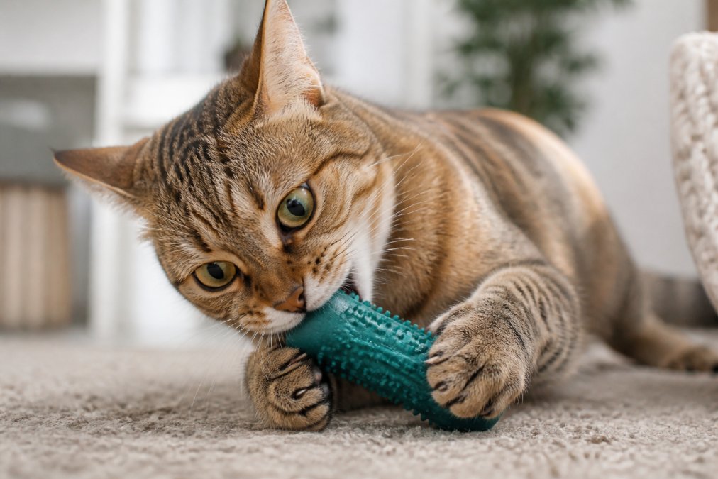 Close-up of a cat with focused expression intensely chewing on a textured rubber toy, showing the toy's reinforced construction and the cat's engaged body posture in natural indoor lighting