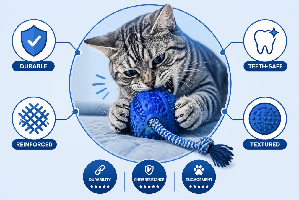 Close-up of a cat actively chewing and playing with a durable toy, showing engagement with reinforced construction and textured surfaces