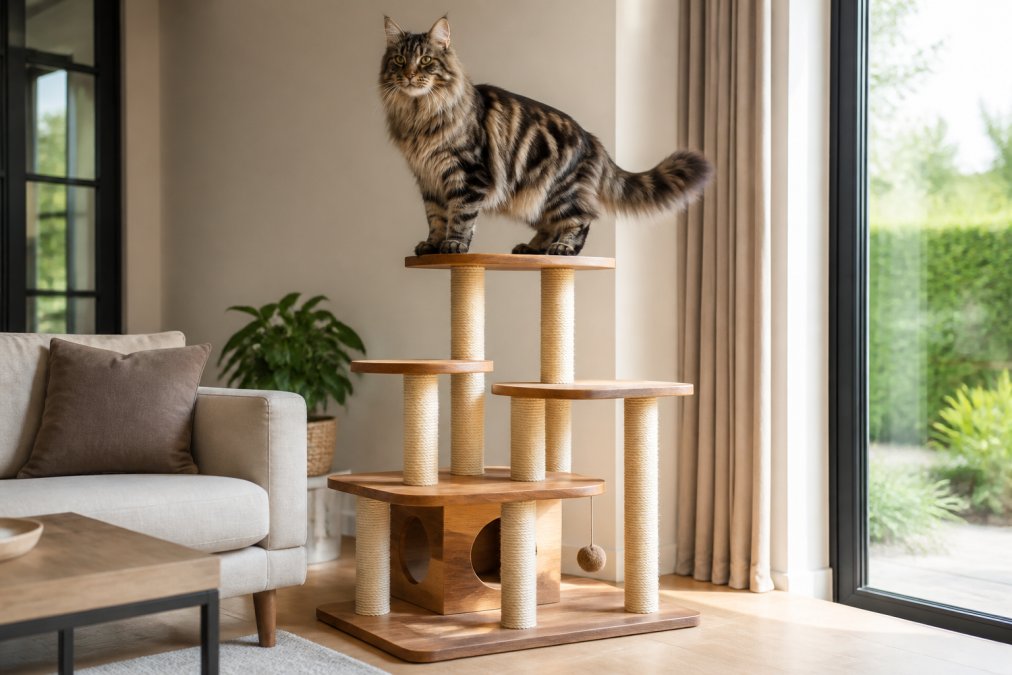 Maine Coon cat standing confidently on a sturdy, wide-base wooden structure among durable cat trees