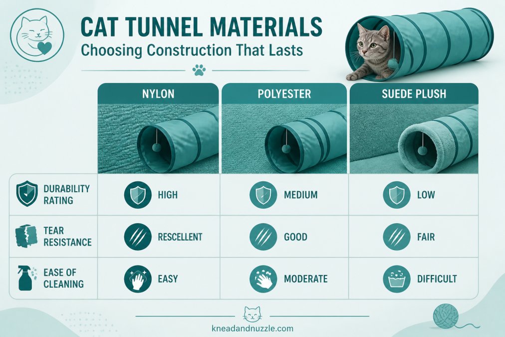 Comparison matrix showing fabric types (nylon, polyester, suede plush), durability ratings (high/medium/low), tear resistance (excellent/good/fair), and ease of cleaning (easy/moderate/difficult) for cat tunnel materials
