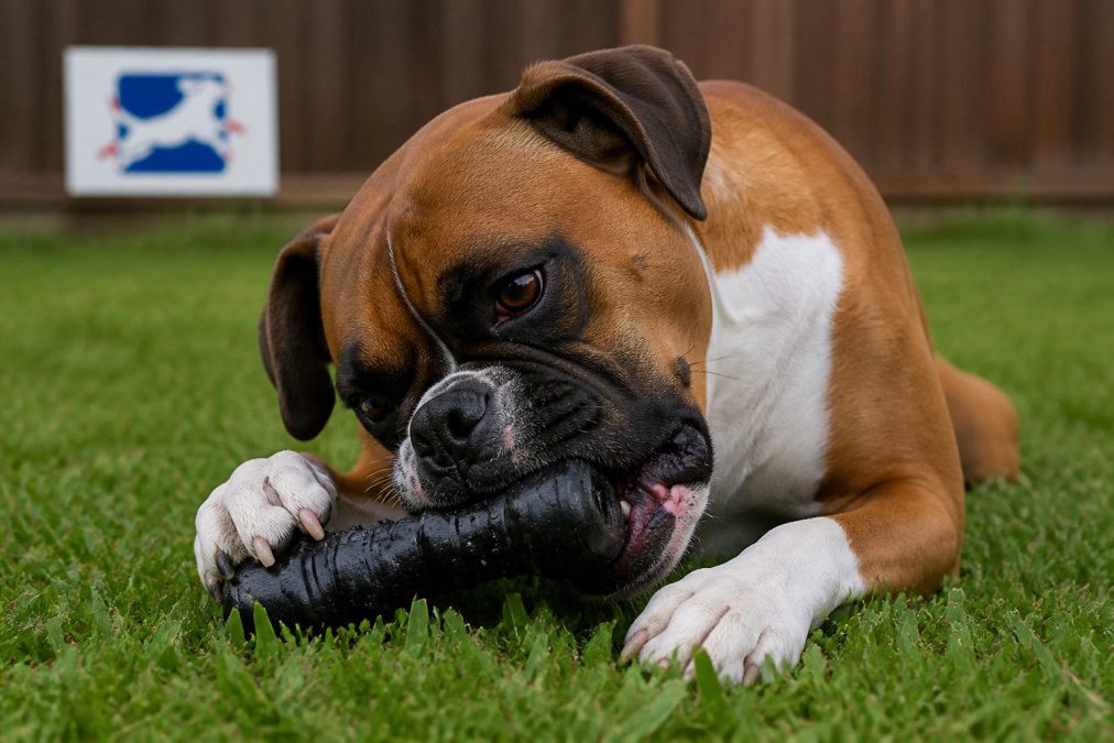 Large breed dog with powerful jaw actively chewing on a heavy-duty rubber toy, showing intense focus and engagement with natural outdoor lighting