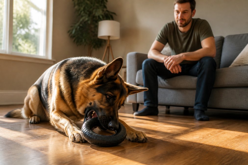 A large German Shepherd actively chewing on a black rubber ring toy on a hardwood living room floor while an owner sits nearby on a couch watching attentively, warm afternoon light coming through a window