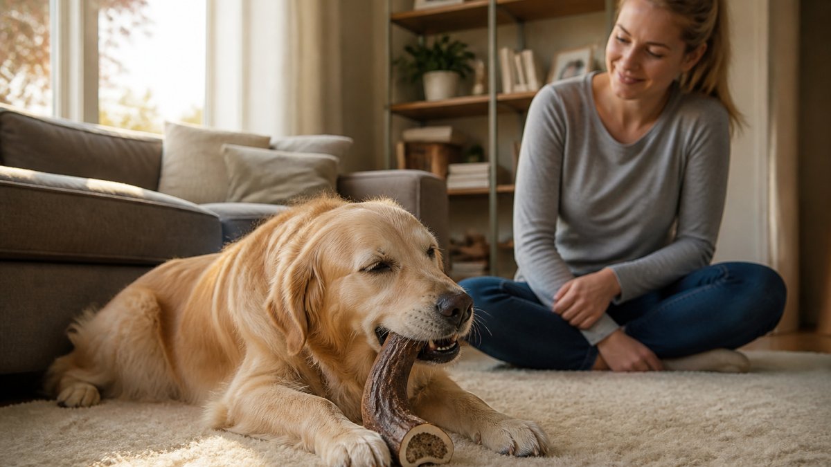 A large dog lying on a living room rug happily gnawing a split elk antler chew while its owner sits cross-legged nearby on the floor, softly lit afternoon light through a window