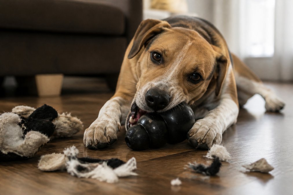 Dog chewing on a thick rubber toy surrounded by shredded fabric remnants on a hardwood floor