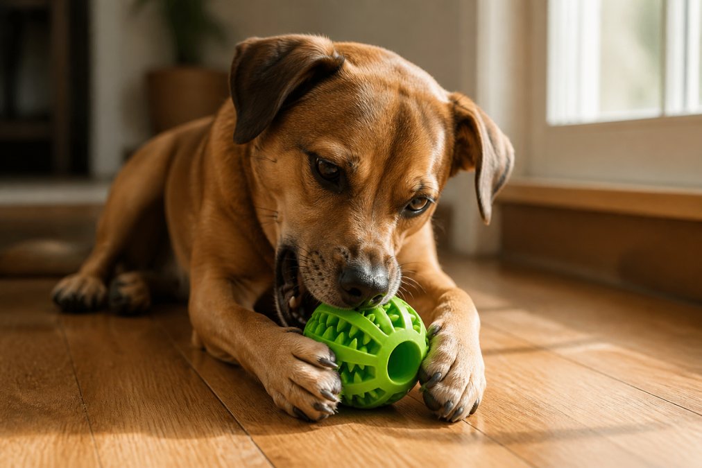 A medium-sized brown dog actively chewing on a textured natural rubber treat ball on a warm hardwood floor, the toy's dense ridged surface clearly visible, natural afternoon light coming through a nearby window