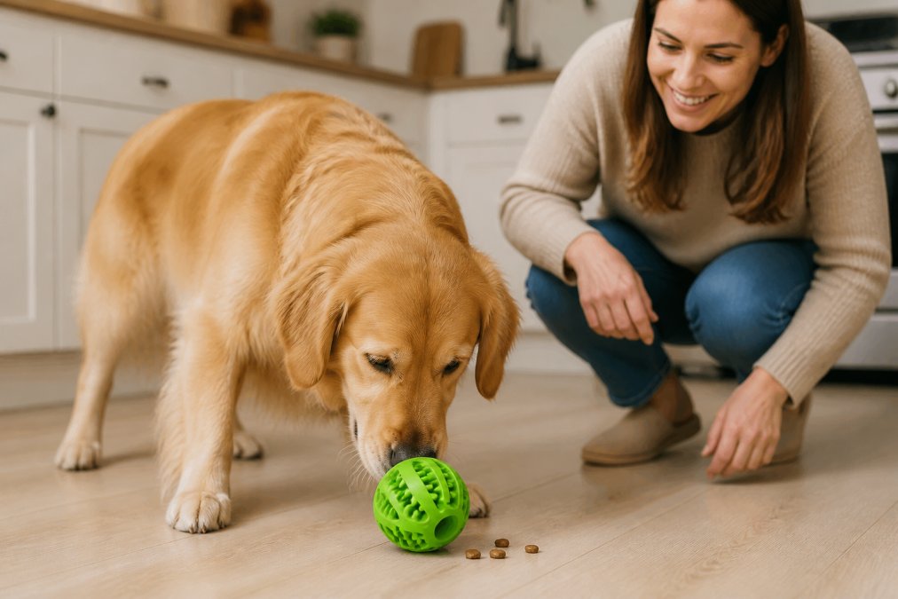 A golden retriever with nose pressed down to an interactive puzzle toy on a light-colored kitchen floor, working to release treats from a hidden compartment, an owner crouched nearby smiling and watching, warm indoor lighting