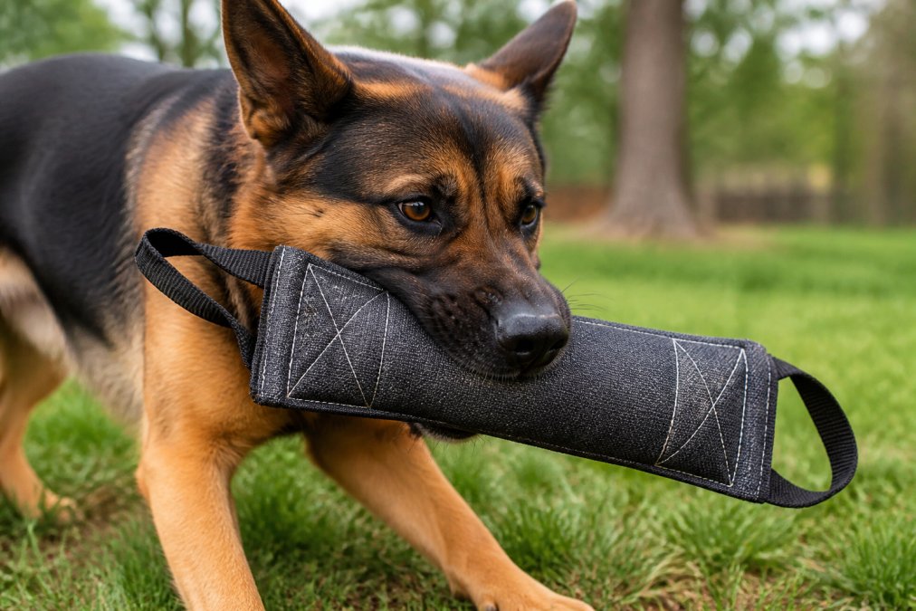 Power chewer dog intensely biting and gripping a reinforced durable toy, showing the toy's tough material and reinforced stitching under strain