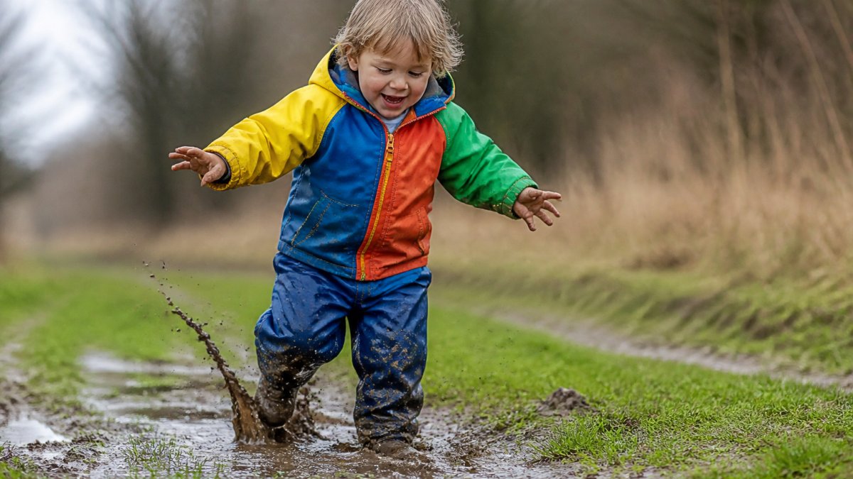 Young child playing outdoors in colourful waterproof jacket and trousers, running through muddy puddles and wet grass with arms outstretched, showing active play and durability in action