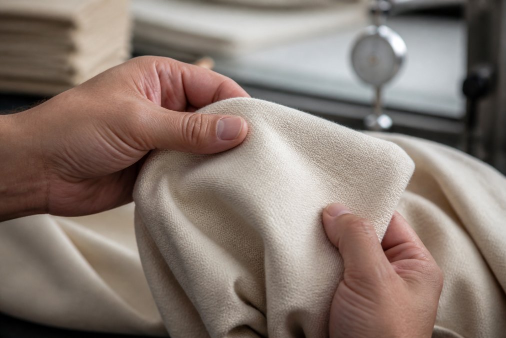 Close-up of hands examining premium heavyweight cotton fabric texture, showing tight weave density and fiber quality under natural daylight