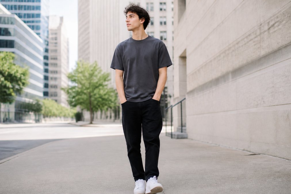 Young adult wearing a Christian faith-inspired streetwear tee styled casually with dark jeans and white sneakers, standing outdoors in natural daylight with urban background