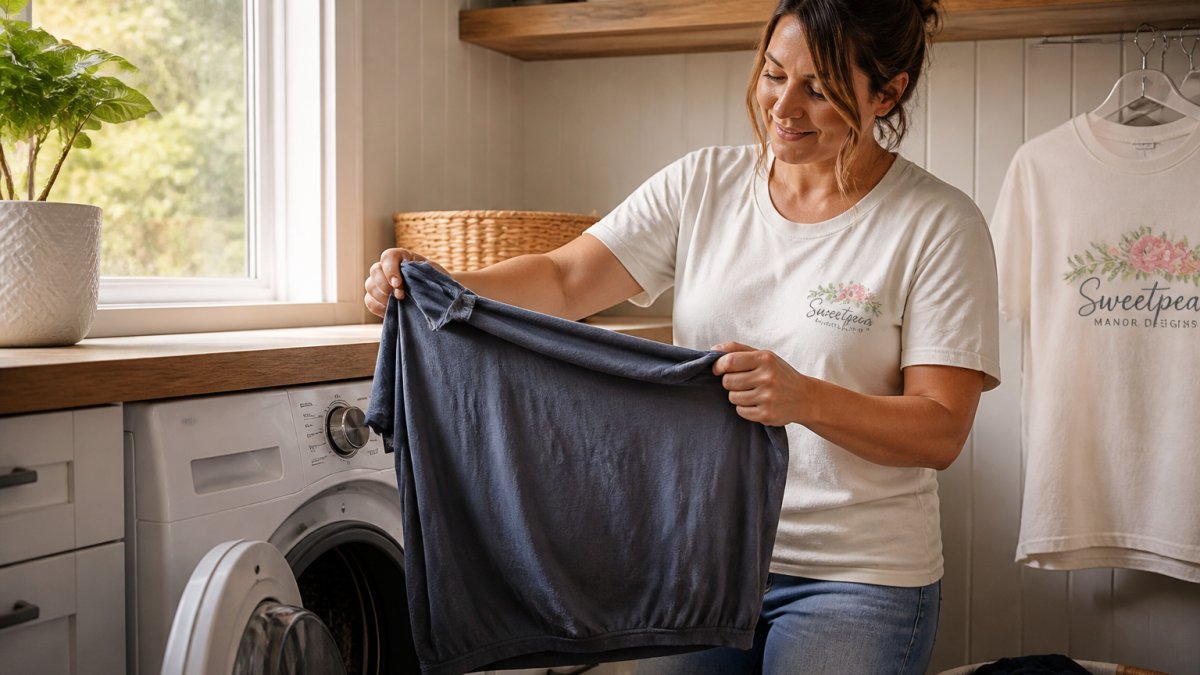 A person carefully turning a printed t-shirt inside out before placing it into a washing machine in a bright home laundry room