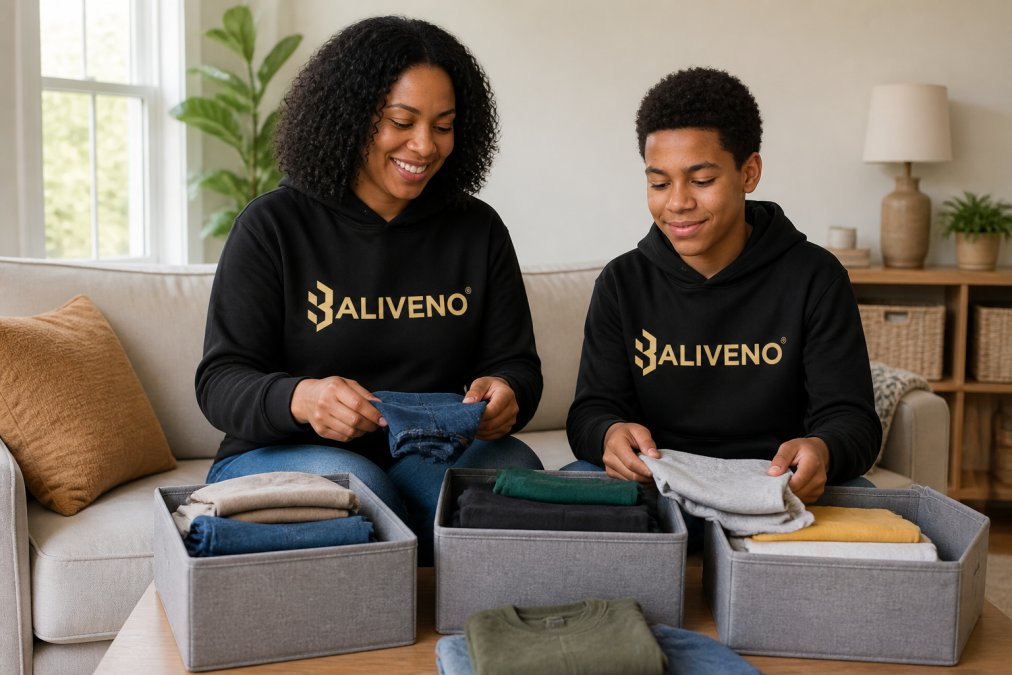 Parent and child folding clean clothes together in bright home setting, organizing garments in labeled storage containers to show proper care and maintenance