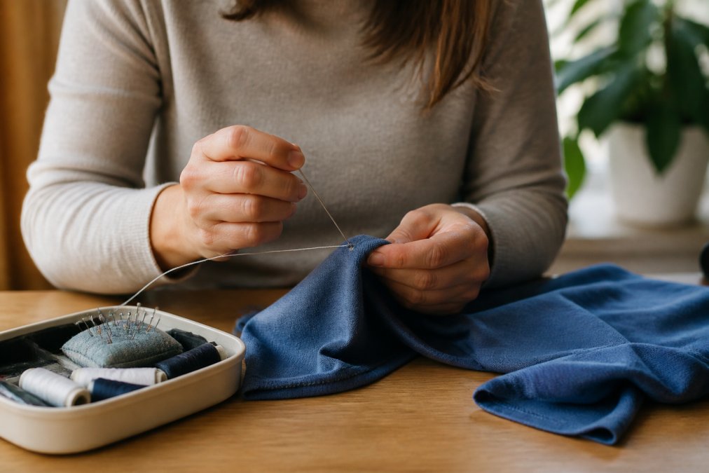 Parent carefully mending a small tear in a child's cotton shirt at a table with needle and thread, showing hands-on garment care