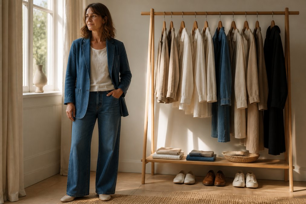 A woman in her forties standing in a sunlit room, wearing a cotton denim blazer over a linen top and wide-leg jeans, with a wooden clothing rack of neutral-toned garments behind her