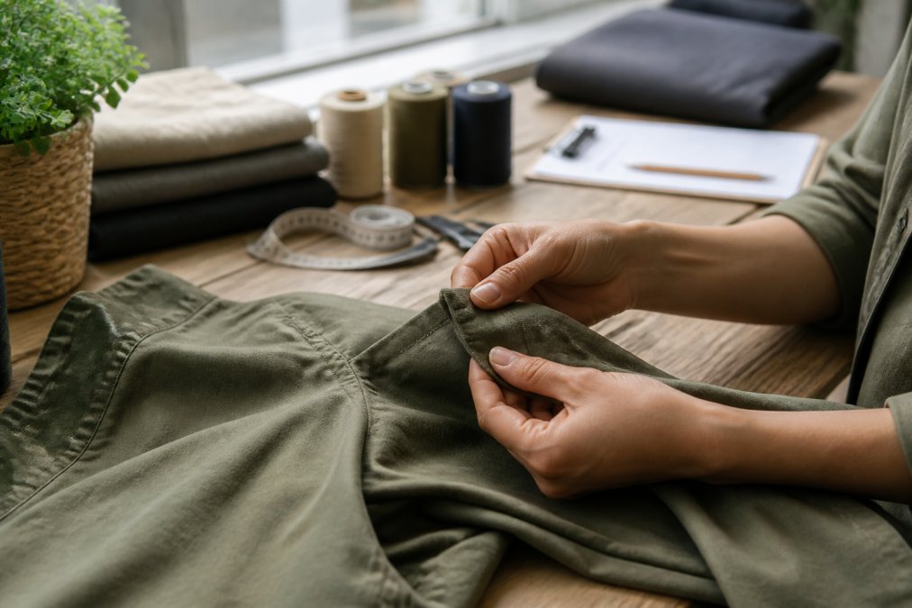 Close-up of hands examining fabric texture, feeling the weave and checking reinforced seams on a quality garment, natural daylight illuminating the fabric detail