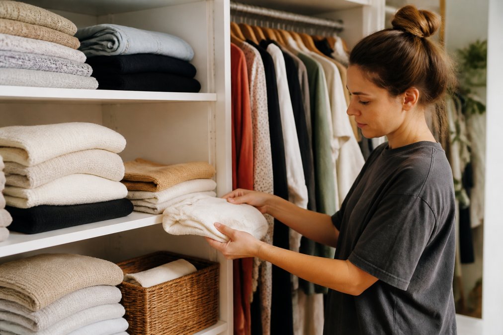 Woman carefully folding and organizing quality clothing in a well-lit closet, demonstrating proper storage on shelves and hangers to maintain garment shape