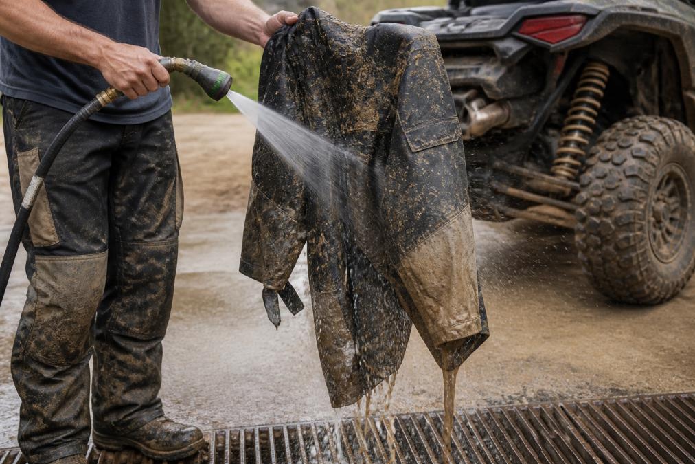 Rider rinsing mud-caked heavyweight gear with a hose, showing water spraying off heavy fabric with visible dirt particles and mud clumps