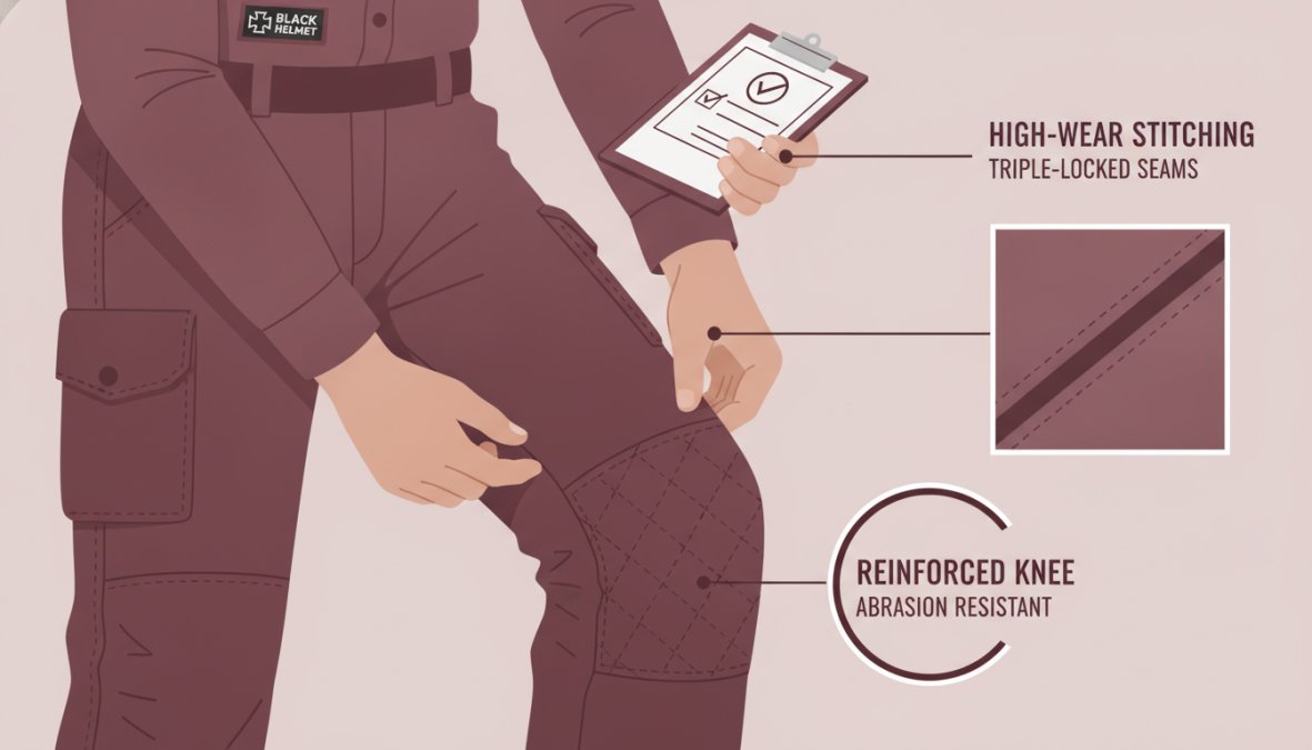 Close-up of wildland firefighter wearing tan Nomex brush pants, showing reinforced knee panel with triple-stitched seams and abrasion-resistant overlay during gear inspection