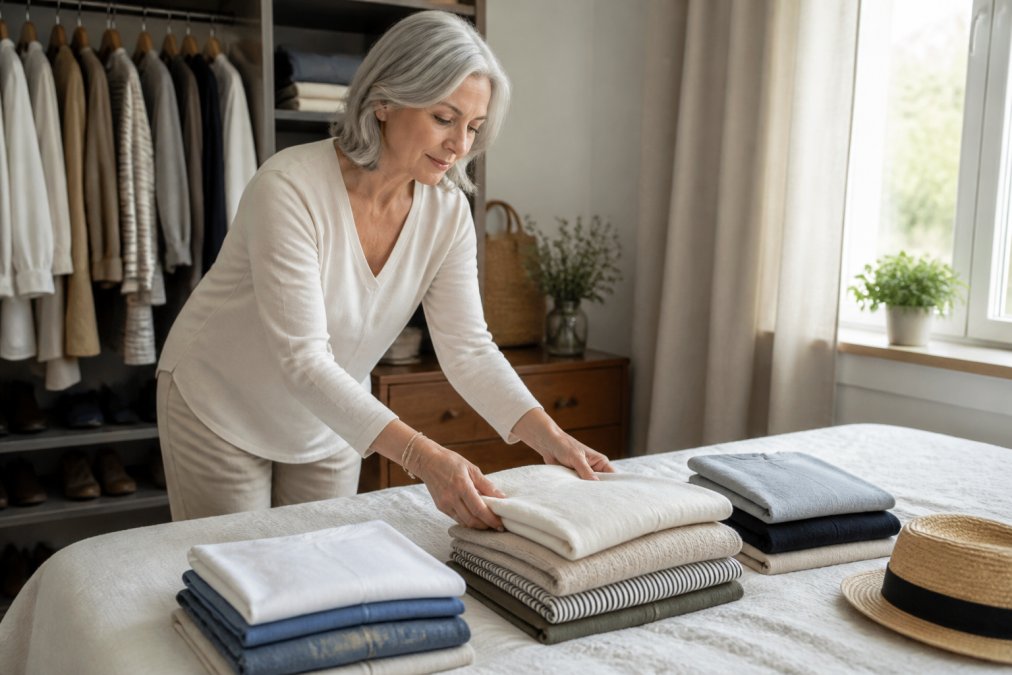 Mature woman arranging folded neutral-coloured clothing items on a bed, displaying quality fabrics like linen and cotton in an organised, minimalist wardrobe setup with natural window lighting