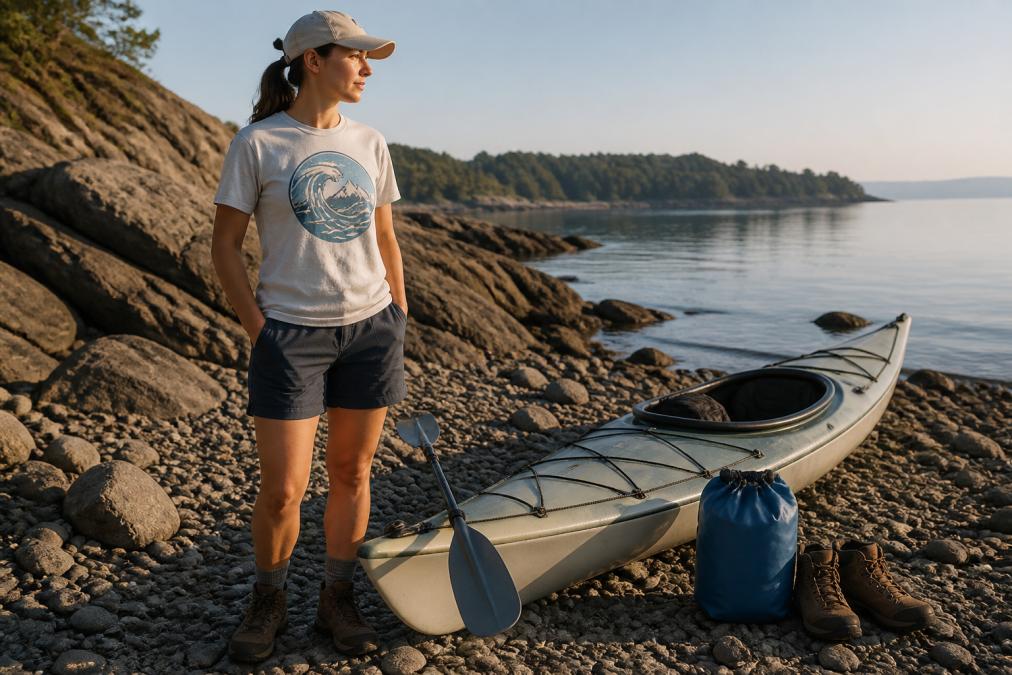 Person in a coastal graphic tee and cap standing by a kayak on a rocky shoreline at sunrise
