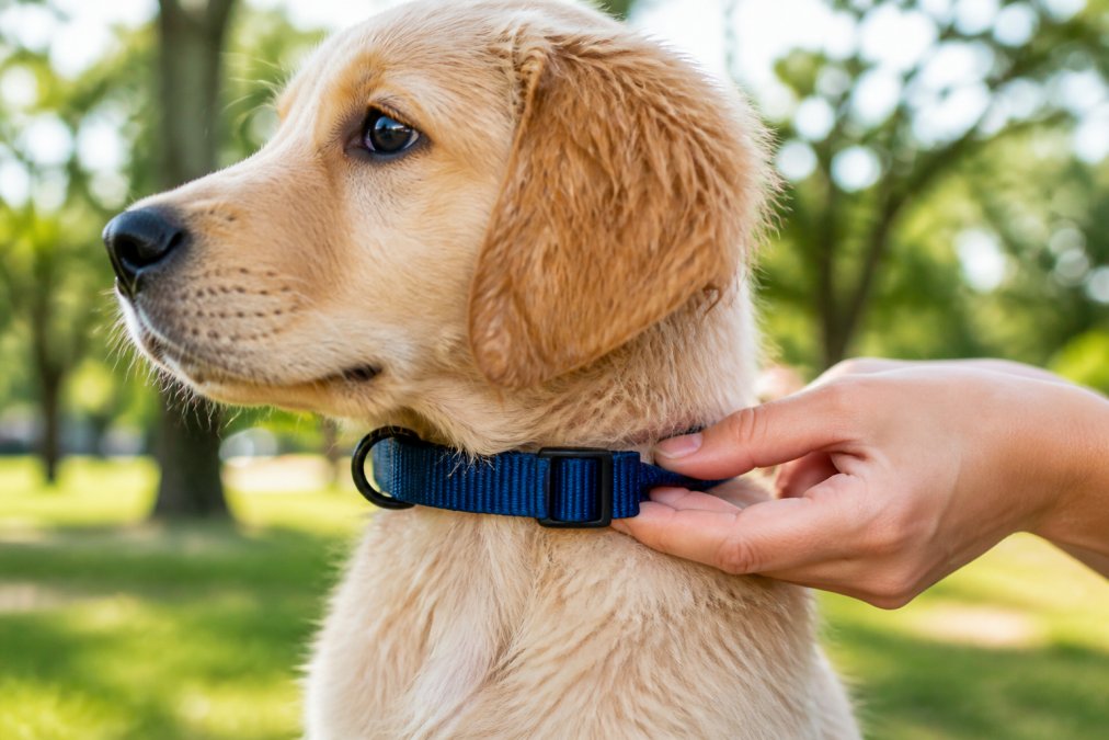 A close-up of a young puppy's neck wearing a sturdy nylon collar outdoors, showing the webbing texture and a secure two-finger fit, with a blurred green park background in soft afternoon light