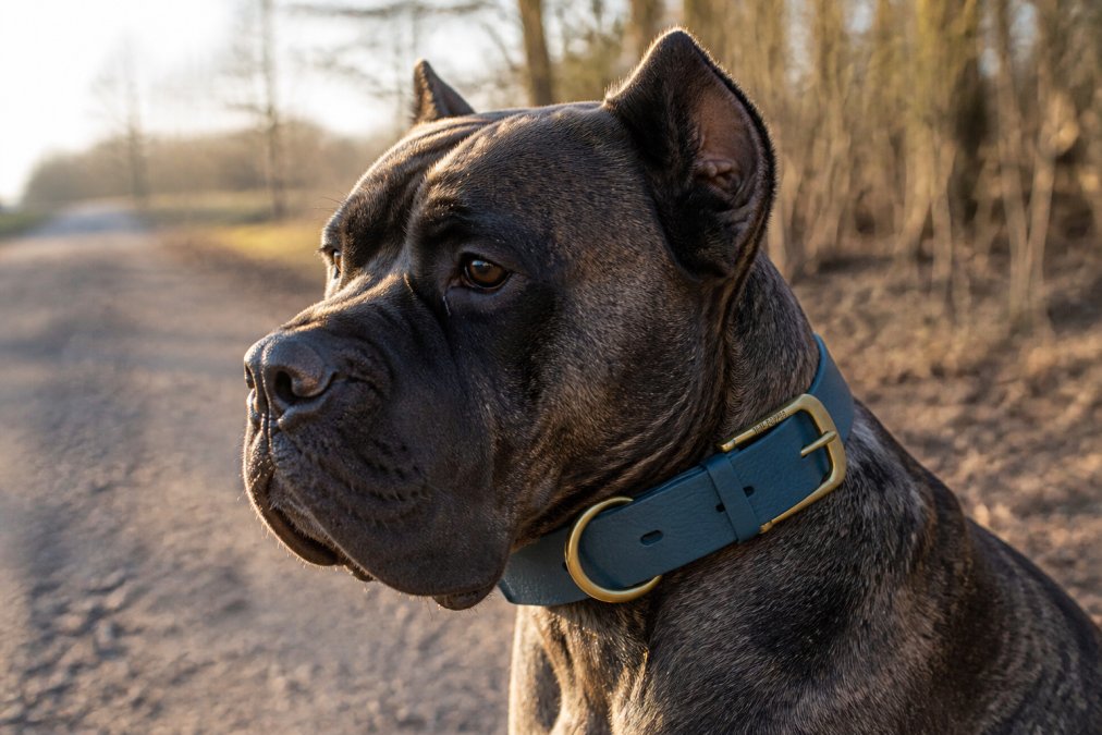 Close-up of a large brindle Cane Corso wearing a wide 2-inch heavy-duty collar with a visible stainless steel D-ring and metal buckle, photographed outdoors on a gravel trail in morning light