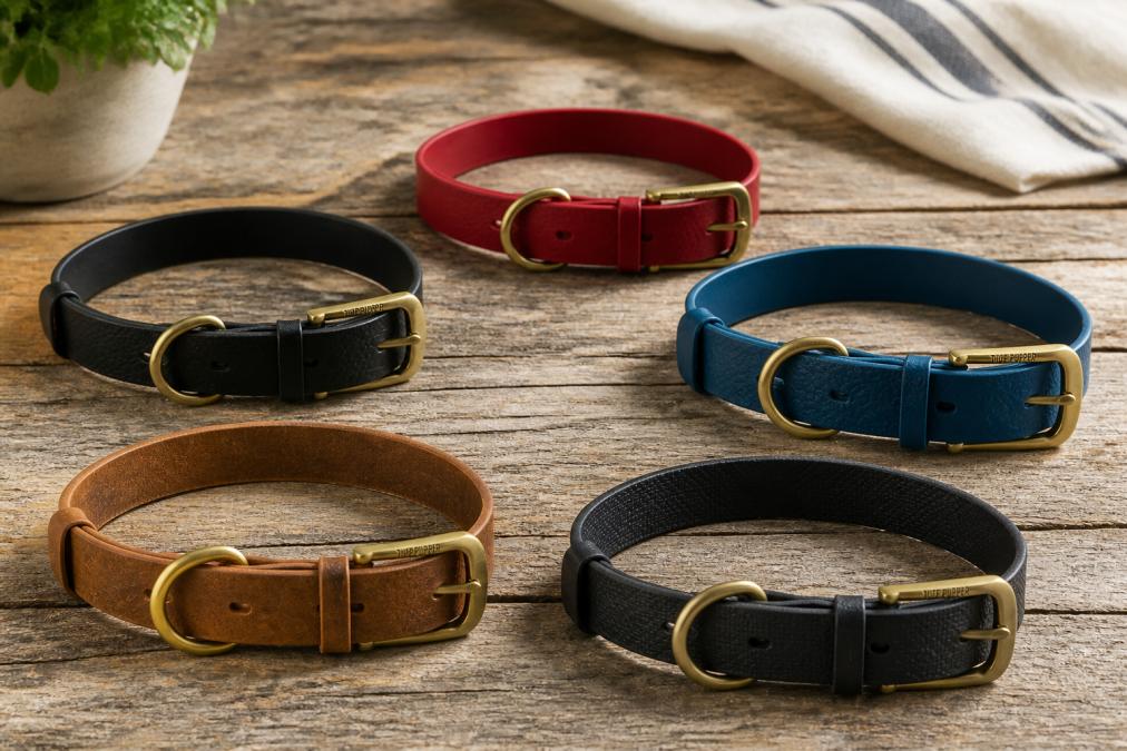 Flat-lay of five premium dog collars in different materials, black ballistic polymer, waterproof coated nylon, brown leather, and biothane, arranged on a weathered oak surface with soft natural window light