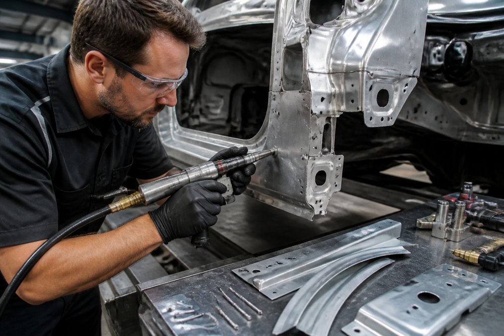 Professional collision repair technician using a self-piercing rivet tool on an aluminum vehicle panel in a well-lit body shop, with aluminum trim and panels visible on the workbench