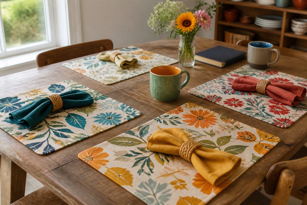 Infographic visualizing a 4-step process for styling colorful home decor on a bright, lived-in dining room table.