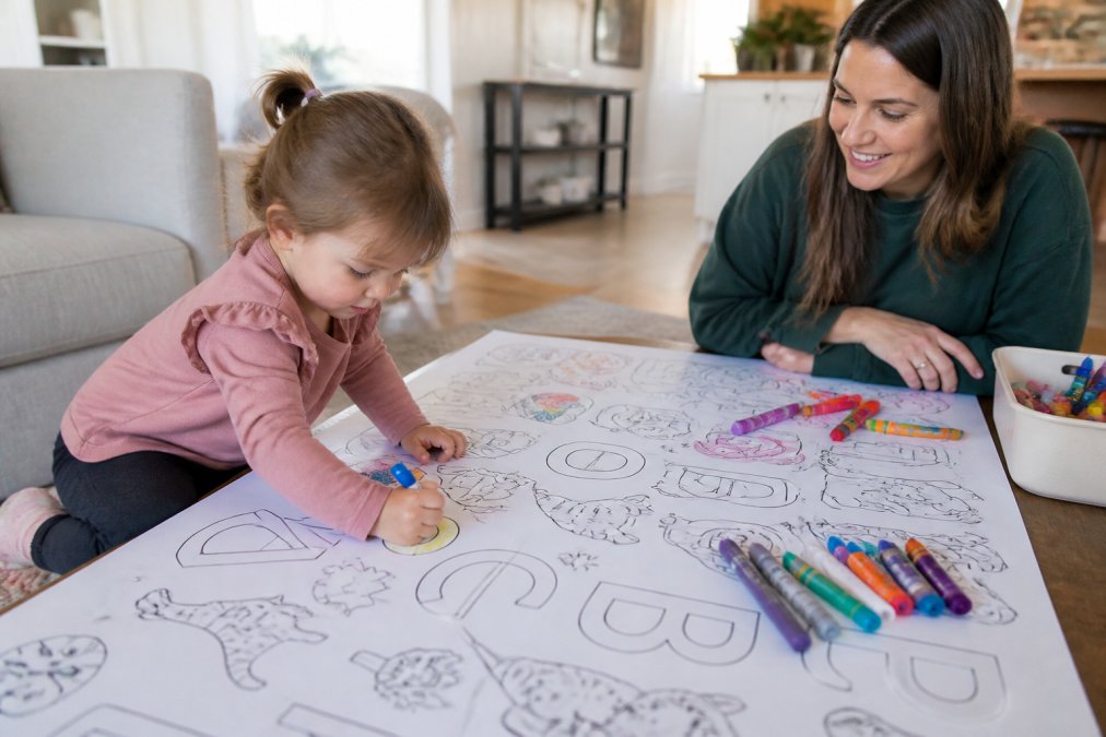 Parent and toddler using durable coloring sheets on a large alphabet poster spread across a living room table