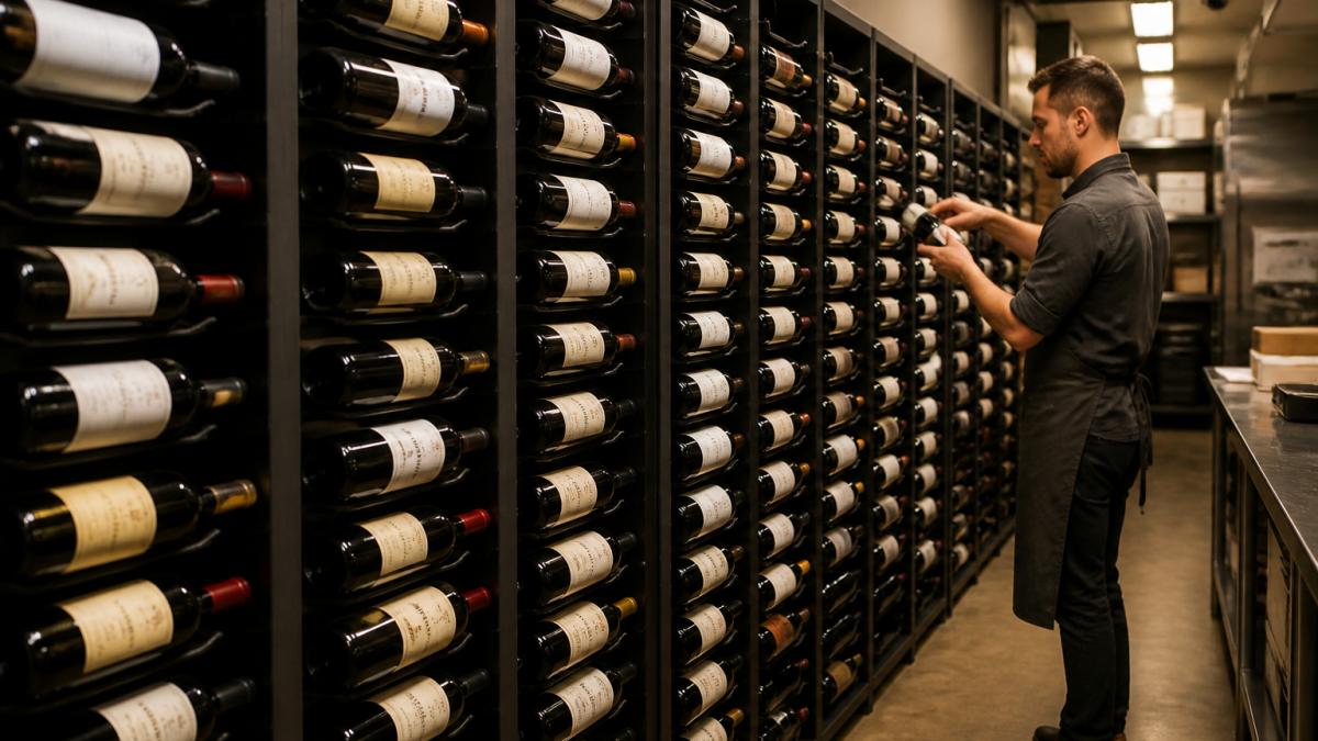 A restaurant back-of-house wall lined with tall matte black steel wine racks holding hundreds of bottles, staff member in apron restocking a row, warm overhead lighting