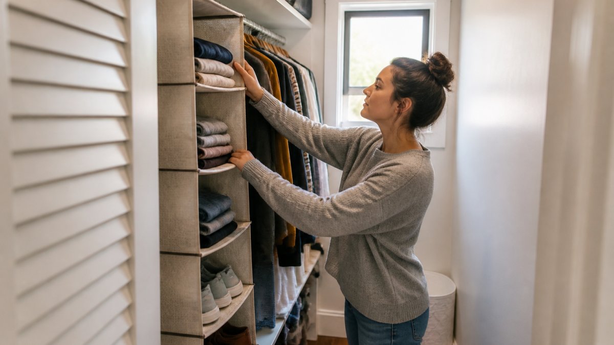 Woman organizing clothes and shoes in a narrow closet in a tiny home