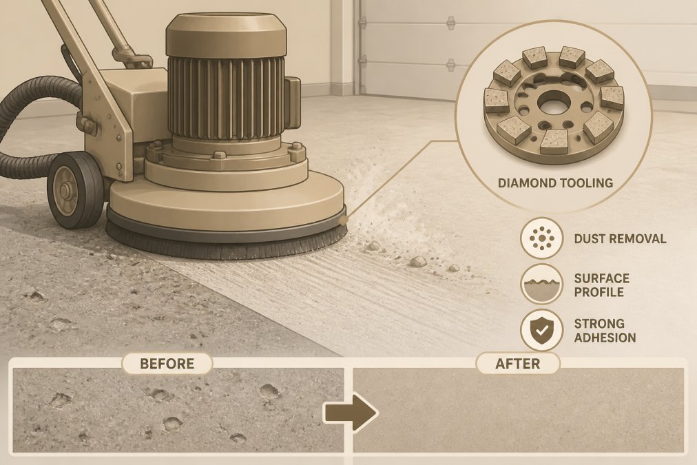 Close-up of concrete grinding equipment with diamond tooling actively preparing a garage floor surface, showing dust and preparation work in progress