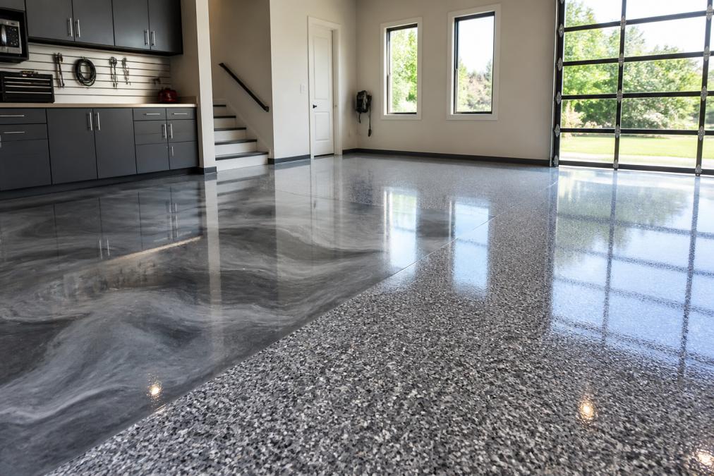 Finished concrete floor displaying decorative metallic and flake coating with glossy, professional appearance in a modern garage space with natural lighting