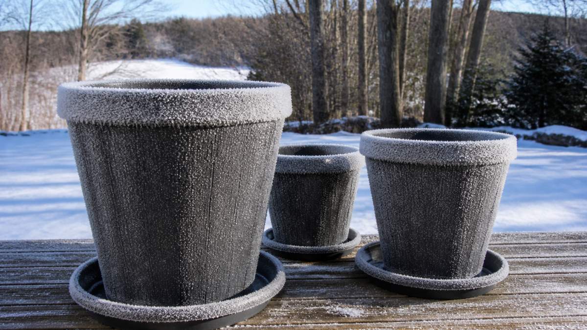 Close-up of frost-covered outdoor planters on a wooden deck during winter, showing ice crystals on polypropylene surfaces with snow-covered landscape and bare trees in background