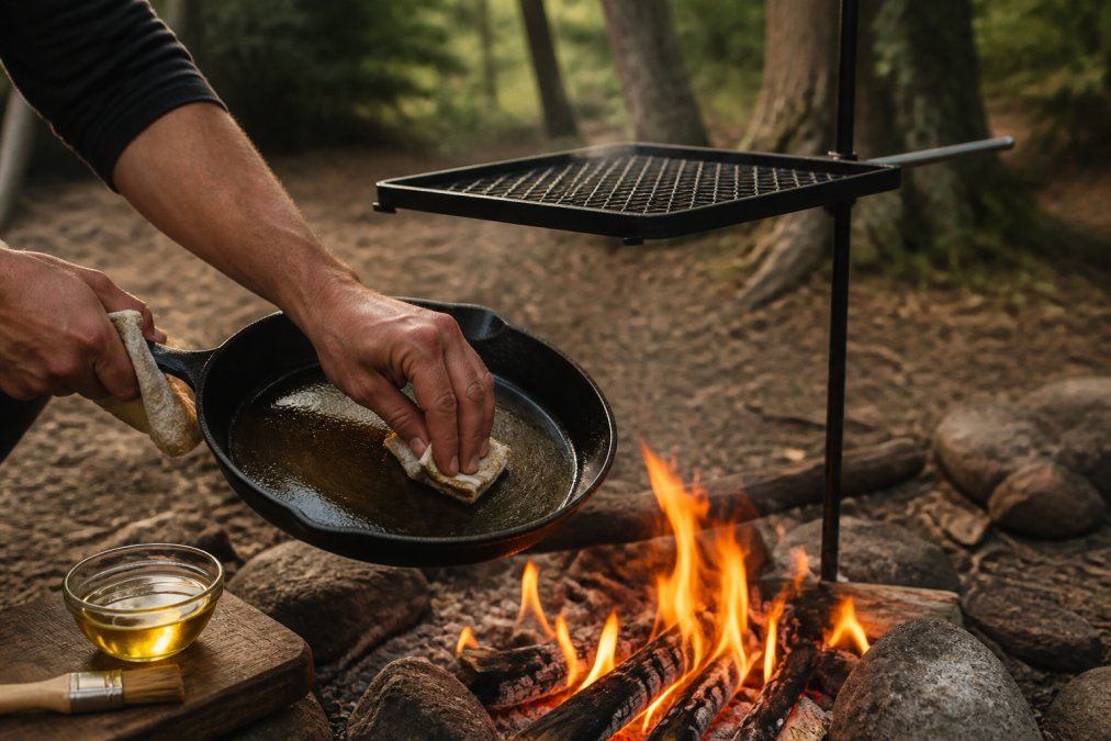 Hands applying oil to a cast iron pan over a campfire, with the pan held near warm coals to demonstrate seasoning technique, golden firelight reflecting off the oiled surface