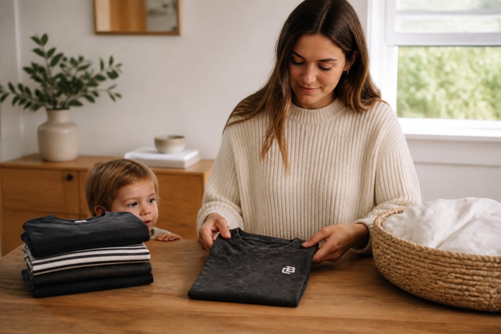 Parent folding freshly laundered cotton children's clothing on a bright, clean wooden table with natural daylight streaming through a window, showing the soft texture and quality of the fabric
