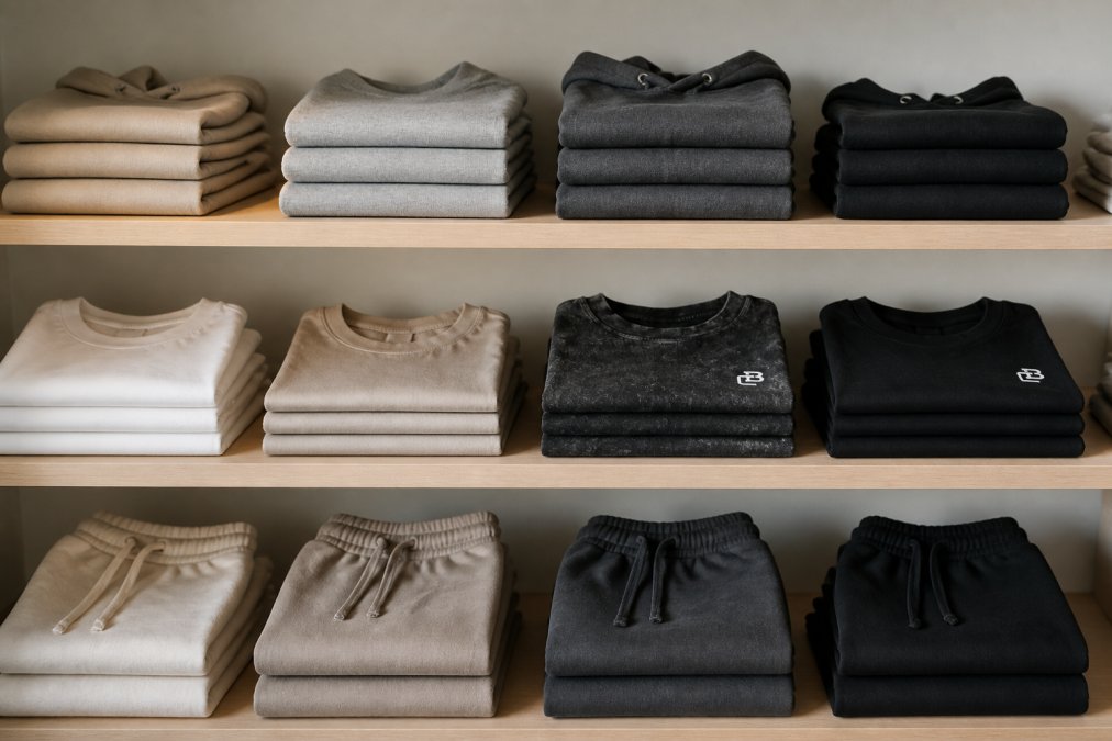 Neatly organized children's cotton basics arranged by color on clean wooden shelves, showing folded t-shirts, hoodies, and joggers in neutral tones, demonstrating a curated capsule wardrobe ready for mixing and matching