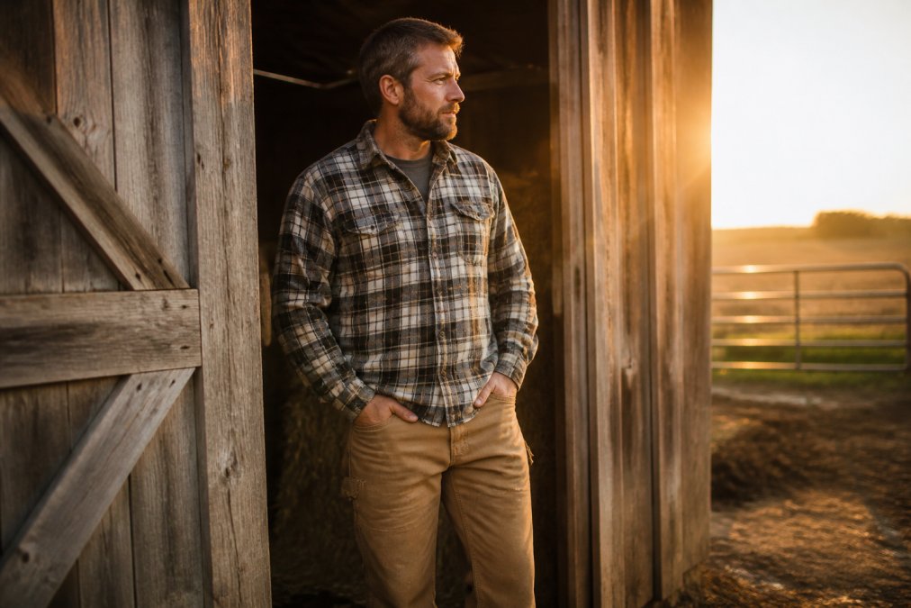Person wearing durable flannel shirt and canvas work pants standing in a rustic barn doorway during golden hour, hands in pockets, showing practical country workwear styled for outdoor farm work