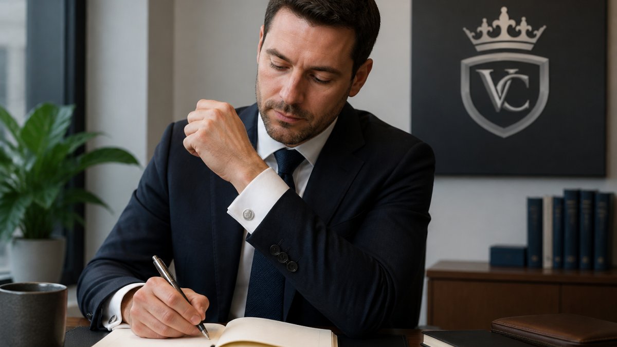 Professional man in business attire seated at a desk, wrist visible showing polished sterling silver cufflinks on a crisp white French cuff dress shirt, natural office lighting