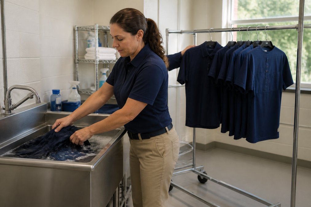 Staff member in utility room carefully washing embroidered work shirts in industrial sink, then hanging them on a drying rack with natural light from window, showing proper garment care technique