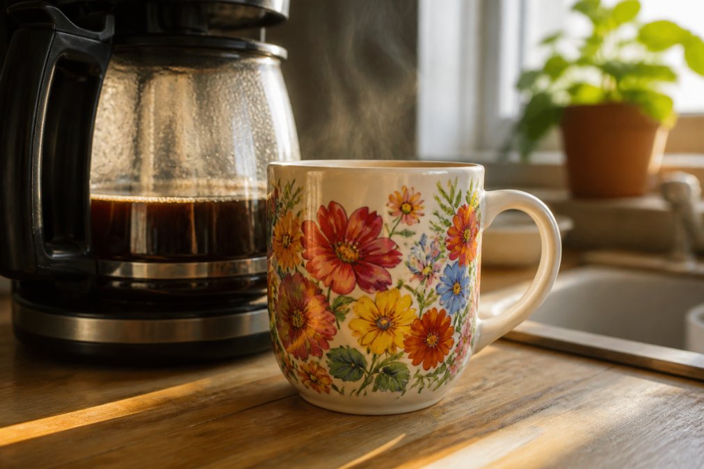 A close-up photograph of a well-used ceramic mug with a vibrant floral print sitting on a wooden kitchen counter next to a steaming coffee pot, glossy finish catching the morning light
