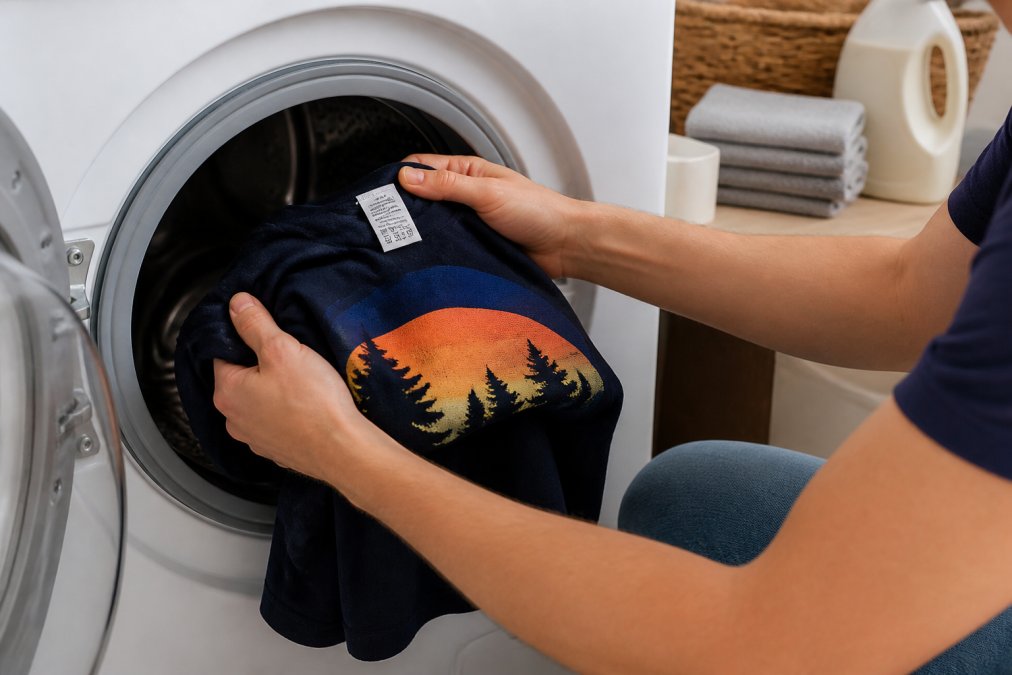 Hands carefully placing a custom printed shirt into a washing machine with visible care instruction tag on the garment in the background