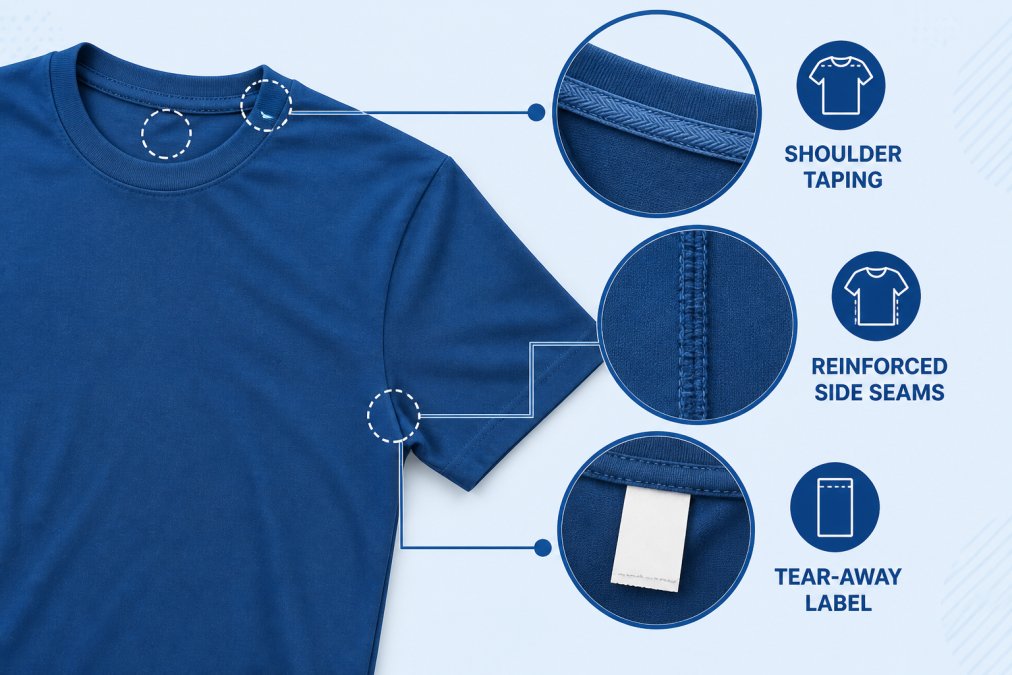 Close-up of a premium custom t-shirt showing shoulder-to-shoulder taping, reinforced side seams, and a tear-away label on the neckline with visible stitching quality