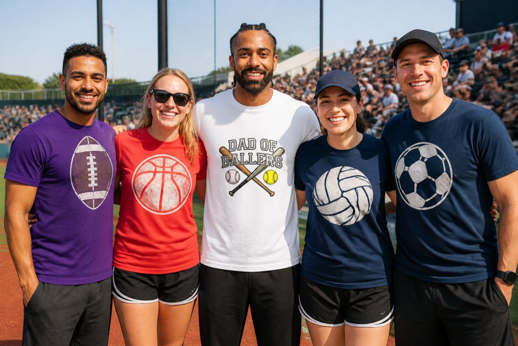 Group of sports fans wearing different custom team t-shirts at a stadium, standing together on the sidelines showing various designs and colors in vibrant daylight