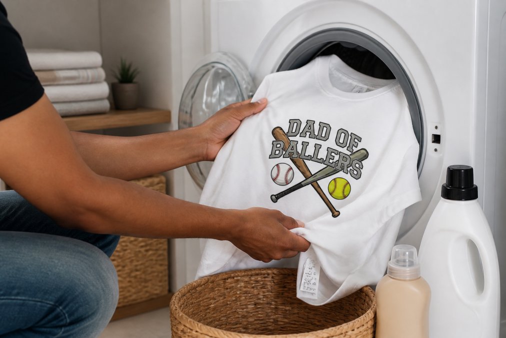 Close-up of hands carefully placing a custom printed sports shirt into a washing machine, with care instruction label visible on the garment and detergent nearby