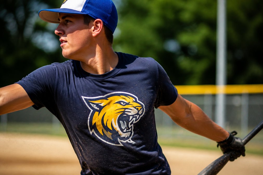 Close-up of a custom-printed sports t-shirt displaying vibrant team colors and crisp logo detail with an athlete wearing it during active outdoor play, showing the durability of screen-printed graphics